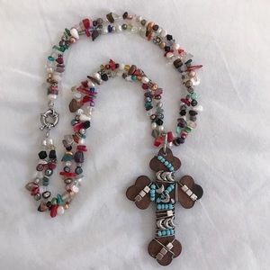 Wooden cross with mixed bead necklace